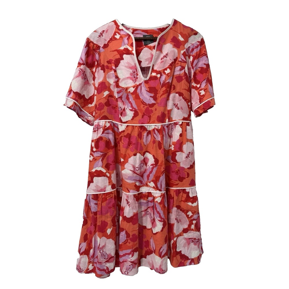 Vince Camuto V-Neck Linen Dress Floral Pink Red Orange tiered cottage‎ fairy 10